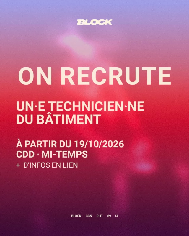 LE BLOCK · CCNR RECRUTE⁠
🏠⁠
Un·e technicien·ne du bâtiment à partir d’octobre 2026.⁠
Mission : assurer la sécurité des locaux et des personnes, ainsi que l'entretien courant des espaces du centre chorégraphique (studios, appartement et bureaux), apporter un appui ponctuel à l'équipe technique.⁠
—⁠
📄 Contrat à durée déterminée · mi-temps⁠
📅 Prise de fonction le 19 octobre 2026⁠
👉 CV + lettre de motivation avant le 11 octobre 2026⁠
👀 Entretiens le 15 octobre 2026⁠
⁠
🔗 Offre détaillée : lien en bio