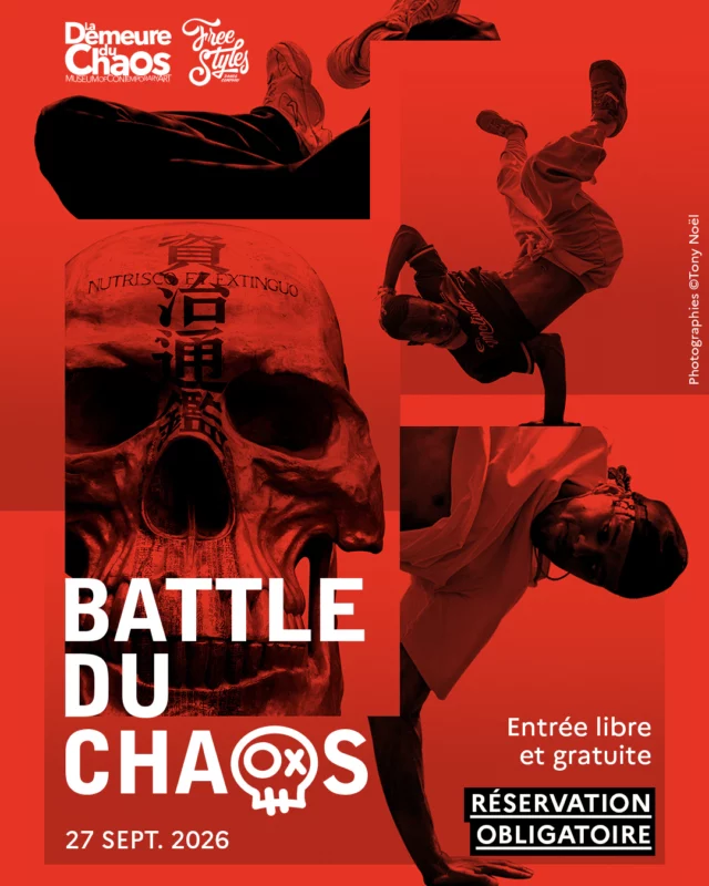 BATTLE DU CHAOS⁠
J-1 💥⁠
Le battle le plus apocalyptique de la région lyonnaise revient DEMAIN à la @demeureduchaos pour une cinquième édition mémorable. Avec ses 6300 œuvres, ce musée à ciel ouvert servira de décor à une nouvelle fusion entre danses hip-hop et art contemporain. ⁠
Au programme :⁠
➕ Initiation au hip-hop, ouverte à toutes et tous⁠
➕ Battles 1vs1 All Styles et Break⁠
Prêt·es à en prendre plein les yeux (et les oreilles) ? 👀👂⁠
⁠
📅 Dimanche 27 septembre⁠
🕐 14h30 — 18h30⁠
📍 La Demeure du Chaos⁠
— 17 rue de la République, Saint-Romain-au-Mont-d’Or⁠
💸 Gratuit sur réservation ⏩ Lien en bio⁠
⁠
📷 @tony_noel